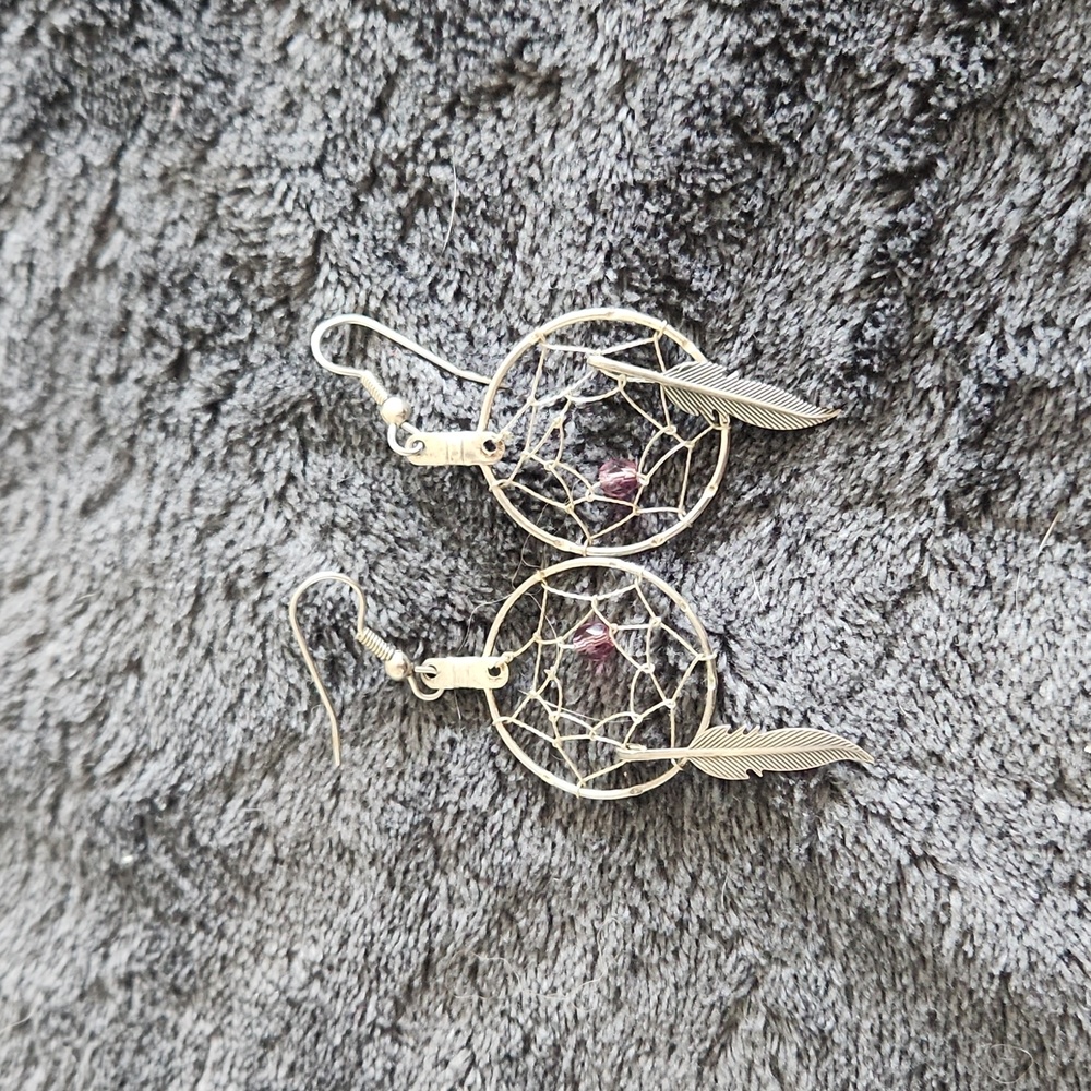 Silver dream catcher earrings with purple bead